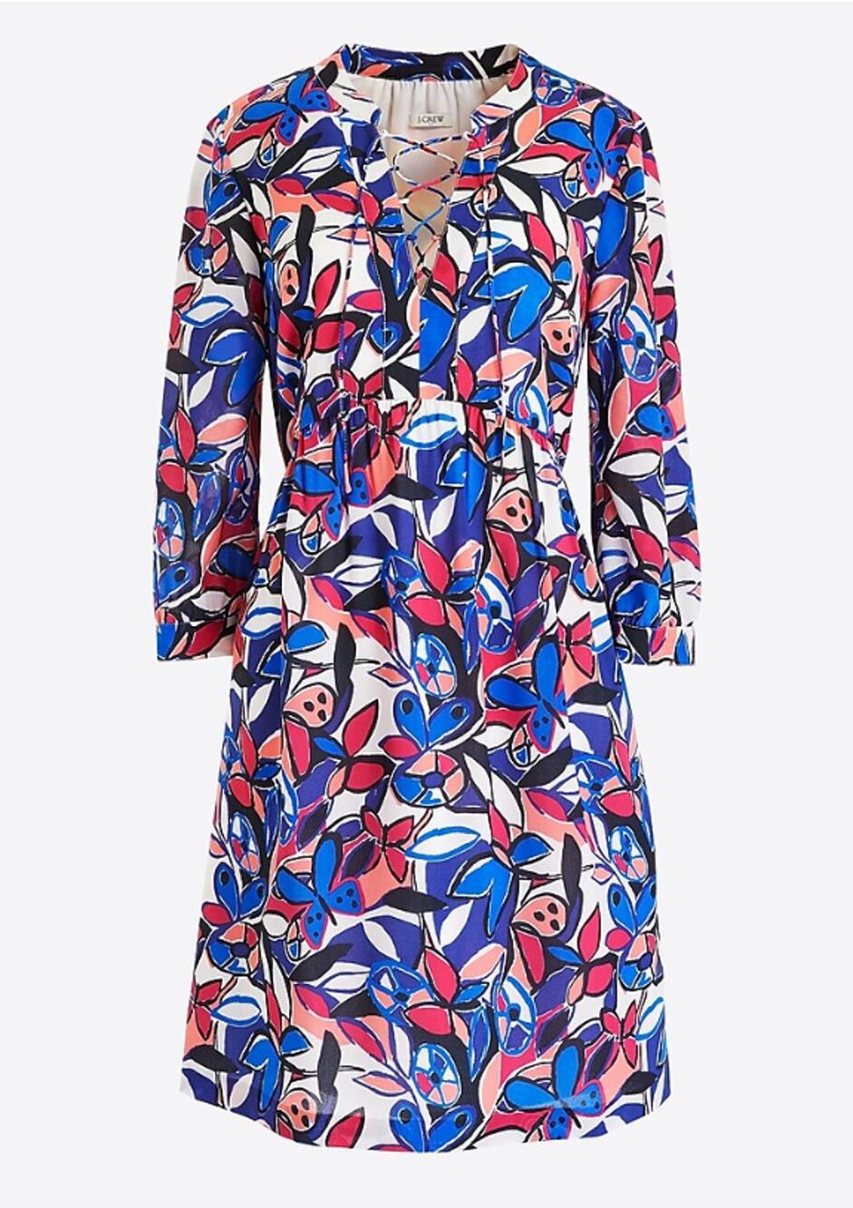 J. Crew Floral Long Sleeve Dress Womens Small Colorful Lace Up Neck Art to Wear